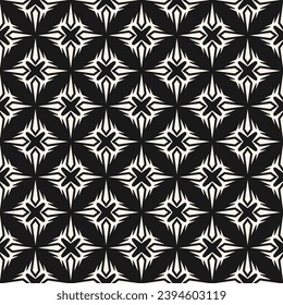 Vector seamless abstract geometric pattern with modern gothic style cross, edgy shapes, grid. Simple black and white background. Stylish monochrome ornament texture. Repeat geo design for decor, cover