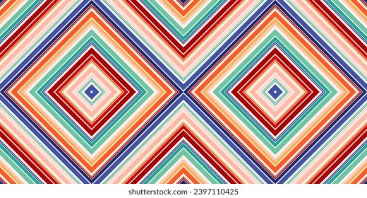 Vector seamless abstract geometric pattern with colorful stripes and chevron lines, repeat tiles. Ethnic style background. Simple retro striped design. Repeating texture for decor, textile, wallpaper
