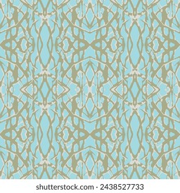 vector, seamless, abstract, geometric pattern of stylized painted lines, bands that intertwine and form a medallion composition. Beach and sea colors: blue, sand.