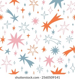 Vector seamless abstract geometric pattern with doodle stars. Christmas gift wrapping paper texture or baby fabric design. Hand drawn vector scandinavian background.