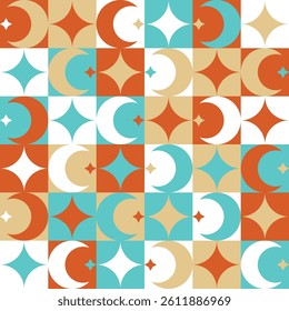 Vector Seamless Abstract Geometric Pattern with Moon, Stars and Squares. Golden Red Turquoise White Colors