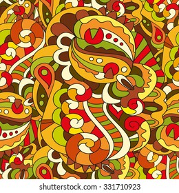 Vector seamless abstract hand-drawn doodles pattern, tangle background in warm colors. For wallpaper, pattern fills, web page background, surface textures. 