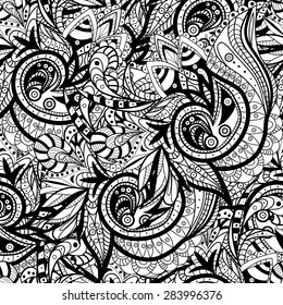 Vector Seamless abstract hand-drawn ornament black and white lace pattern, wavy background. Pattern can be used for wallpaper, pattern fills, web page background, surface textures, wrapping paper.
