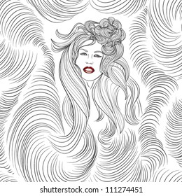 Vector seamless  abstract hand-drawn pattern with girl and  waves