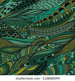 Vector seamless abstract hand-drawn pattern, simple lines background in green colors. Handdrawn organic ornament, natural lace backdrop.