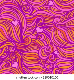 Vector seamless abstract hand-drawn pattern with swirls and hearts