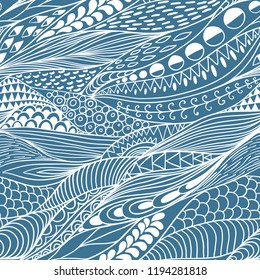 Vector seamless abstract hand-drawn pattern, waves background. Handdrawn ornament lace backdrop