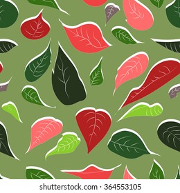 Vector seamless abstract hand-drawn pattern of leaves and flowers plant red poinsettia (Christmas flower). EPS10.