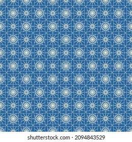 Vector, Seamless, Abstract Image in The Form of a Curly, Diagonal, White Lattice of Stars On a Blue Background