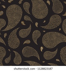 Vector seamless abstract modern Paisley pattern from metallic gold hand drawn chaotic small lines on a black background. Luxury dark ornament, wallpaper, wrapping paper, Bohemian textile print