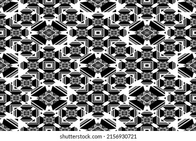 Vector Seamless, Abstract Monochrome Geometric Pattern, Black and White Oriental Mosaic Ornament, Background.
