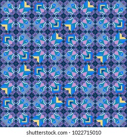 Vector seamless abstract ornament. Cotton or silk headscarf, kerchief square pattern design in blue, violet and black colors. Oriental style for fabric.