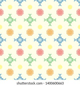 Vector, seamless, abstract ornament: orange and red openwork ornaments, blue and green crosses isolated on light background