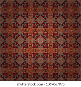 Vector seamless abstract ornament.Kerchief square pattern design in green, red and brown colors. Oriental style for fabric.