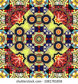 Vector seamless abstract ornament.Kerchief square pattern design in red, blue and orange colors. Oriental style for fabric.