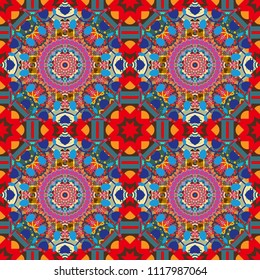 Vector seamless abstract ornament.Kerchief square pattern design in brown, blue and pink colors. Oriental style for fabric.