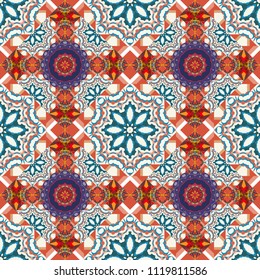 Vector seamless abstract ornament.Kerchief square pattern design in beige, blue and orange colors. Oriental style for fabric.