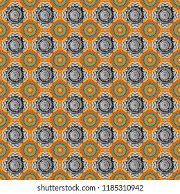 Vector seamless abstract ornament.Kerchief square pattern design in gray, orange and yellow colors. Oriental style for fabric.