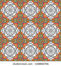 Vector seamless abstract ornament.Kerchief square pattern design in white, orange and gray colors. Oriental style for fabric.