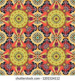 Vector seamless abstract ornament.Kerchief square pattern design in green, yellow and orange colors. Oriental style for fabric.