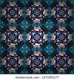 Vector seamless abstract ornament.Kerchief square pattern design in black, blue and white colors. Oriental style for fabric.