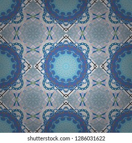 Vector seamless abstract ornament.Kerchief square pattern design in gray, white and blue colors. Oriental style for fabric.