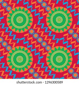 Vector seamless abstract ornament.Kerchief square pattern design in red, green and orange colors. Oriental style for fabric.