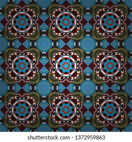 Vector seamless abstract ornament.Kerchief square pattern design in brown, black and blue colors. Oriental style for fabric.