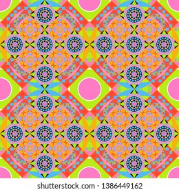 Vector seamless abstract ornament.Kerchief square pattern design in blue, pink and green colors. Oriental style for fabric.