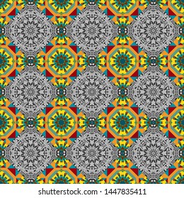 Vector seamless abstract ornament.Kerchief square pattern design in blue, yellow and gray colors. Oriental style for fabric.