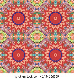 Vector seamless abstract ornament.Kerchief square pattern design in blue, orange and beige colors. Oriental style for fabric.