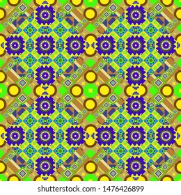 Vector seamless abstract ornament.Kerchief square pattern design in green, violet and yellow colors. Oriental style for fabric.