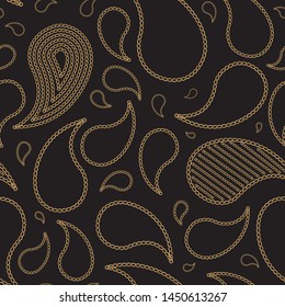Vector seamless abstract Paisley pattern from golden chains and rings on a black background. Luxury dark Batik fashion ornament, wallpaper, wrapping paper, Bohemian textile print, silk shawl