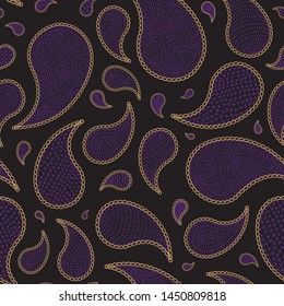 Vector seamless abstract Paisley pattern from golden chains and purple stitches on a black background. Luxury dark Batik fashion ornament, wallpaper, wrapping paper, Bohemian textile print, silk shawl
