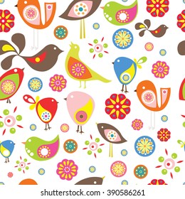 vector seamless abstract pattern with birds and flowers