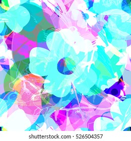Vector seamless abstract pattern with birds and flowers. Green, blue, pink. 