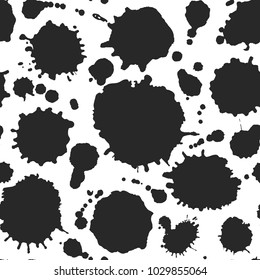 Vector seamless abstract pattern with black blots. Hand made inky artwork. Isolated on white background. Clipping paths included.  