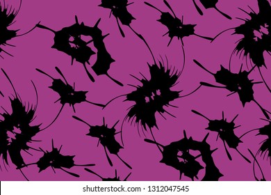 Vector seamless abstract pattern. Black ink splashes like web on pink background. Black insulated blots.