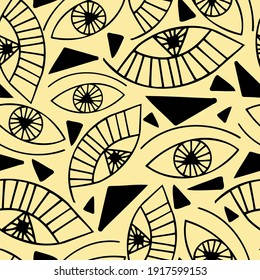 Vector seamless abstract pattern of black lined ornamental bright eye shapes on yellow. Mysterious graphic illustration.The design is perfect for backgrounds, textile, surfaces, wrapping paper, sheets