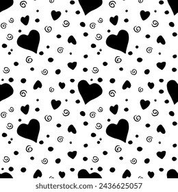 Vector Seamless abstract pattern of black flat elements hearts points drops spirals. Hand drawn background, texture for textile, wrapping paper, Valentine's day