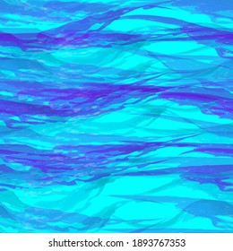 Vector seamless abstract pattern of blue-green horizontal wavy transparent stripes on a light background for fabric design, wallpaper, wrapping paper