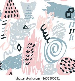 Vector seamless abstract pattern with brushstrokes in memphis style. Organic shabby background for printing brochure, poster, card, textile, wrapping paper, web page design. Shabby chic. 