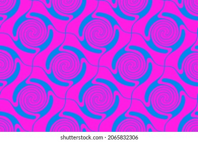 Vector seamless abstract pattern of circular swirling shapes in modern colorful vaporwave pink and blue minimal style of the 60s and 70s.