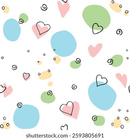 Vector Seamless abstract pattern of colorful elements hearts points spots stains. Hand drawn doodle background, texture for textile, wrapping paper, cover, Valentine's day