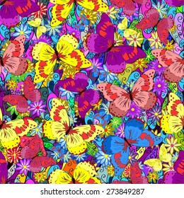Vector seamless abstract pattern with colorful butterfly. Endless background.