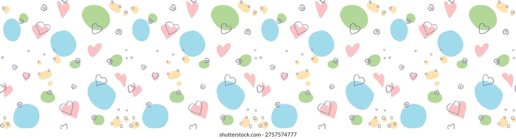 Vector Seamless abstract pattern of colorful elements hearts points spots stains. Hand drawn doodle background, texture for textile, wrapping paper, cover, Valentine's day