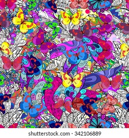  Vector seamless abstract pattern with colorful butterfly. Endless background.