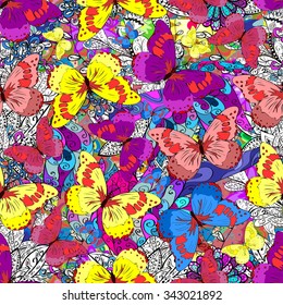 Vector seamless abstract pattern with colorful butterfly. Endless background.