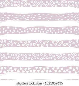 Vector seamless abstract pattern. Creative childish background. Hand drawn geometric shapes on brushed stripes backdrop. For print on clothes for boys and girls, wrapping paper.
