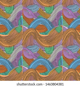 Vector seamless abstract pattern, curved lines, grunge boho background. Dynamical rippled surface, hipster curvature